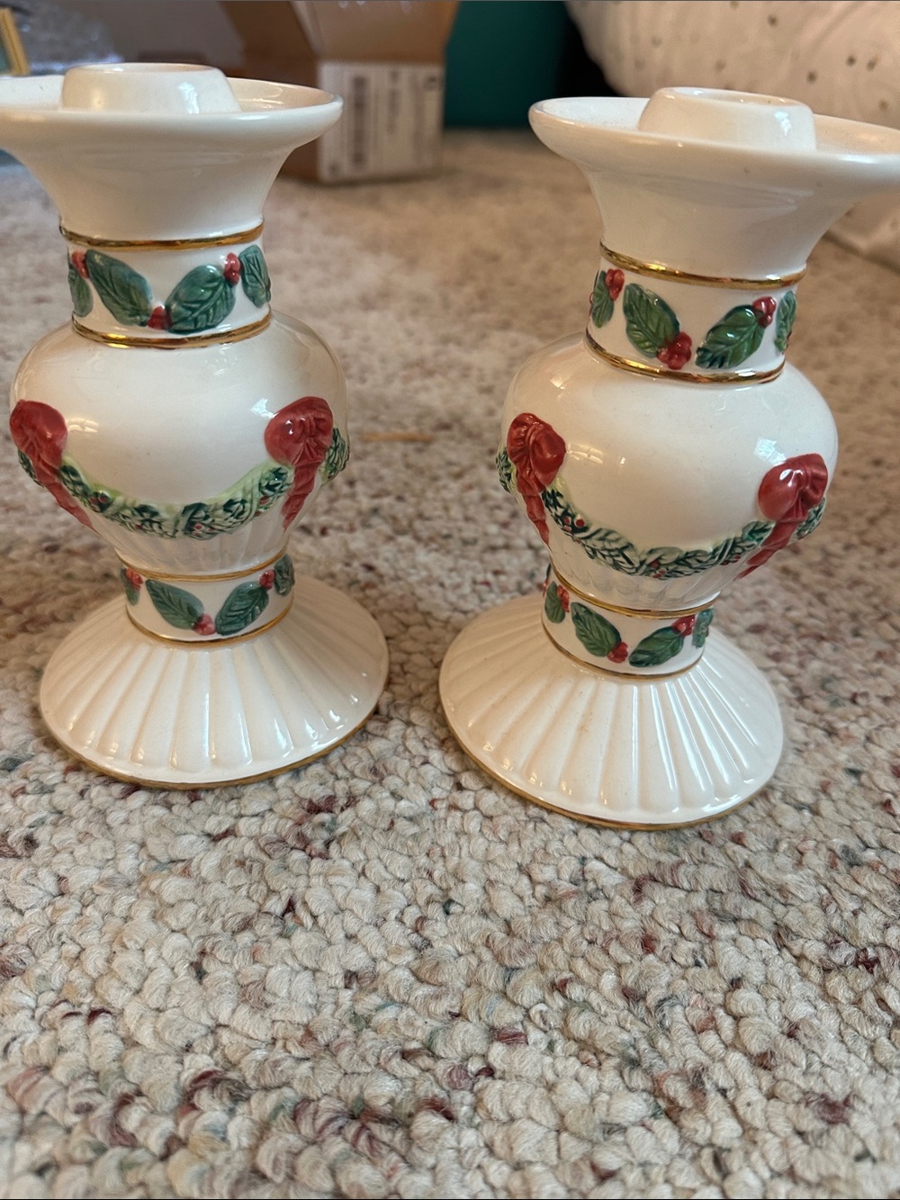International Silver Company Ceramic Ivory Christmas candle sticks